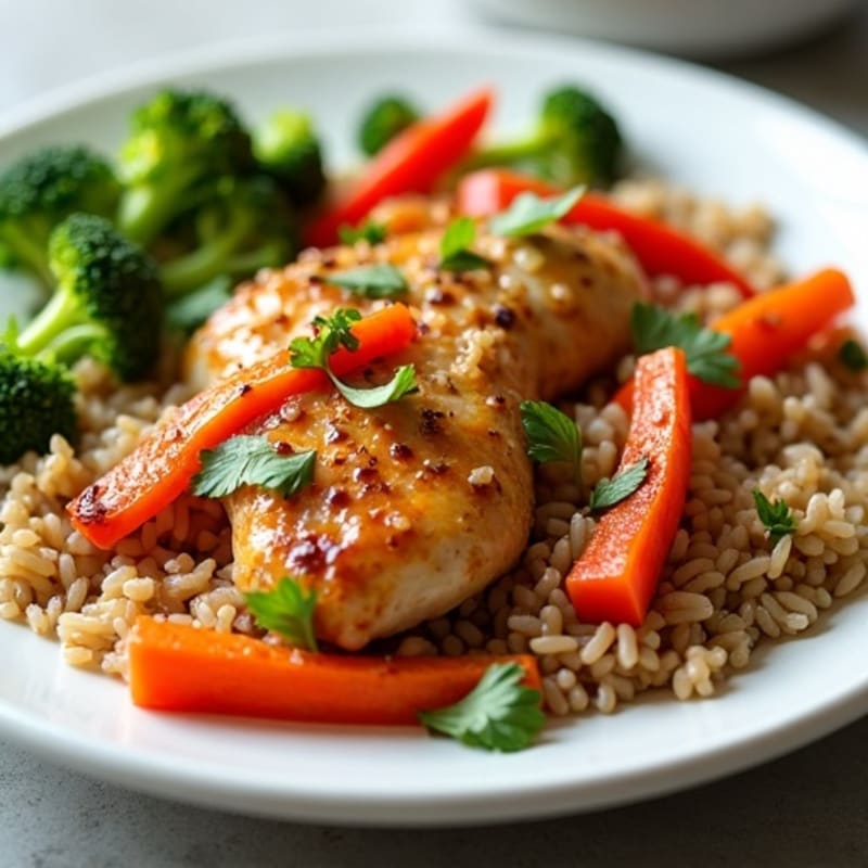 Stir-Fried Chicken with Brown Rice and Crisp Vegetables
