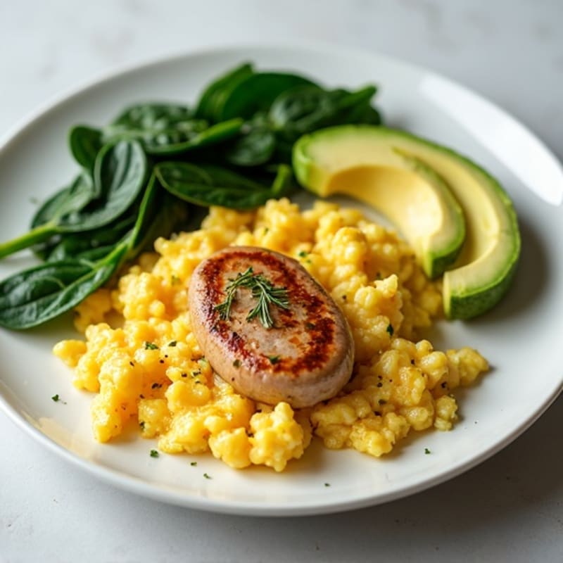 Egg White Scramble with Turkey Sausage and Sautéed Spinach