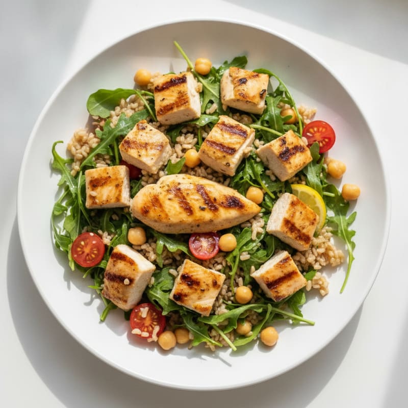 Grilled Chicken Breast with Arugula and Brown Rice Salad