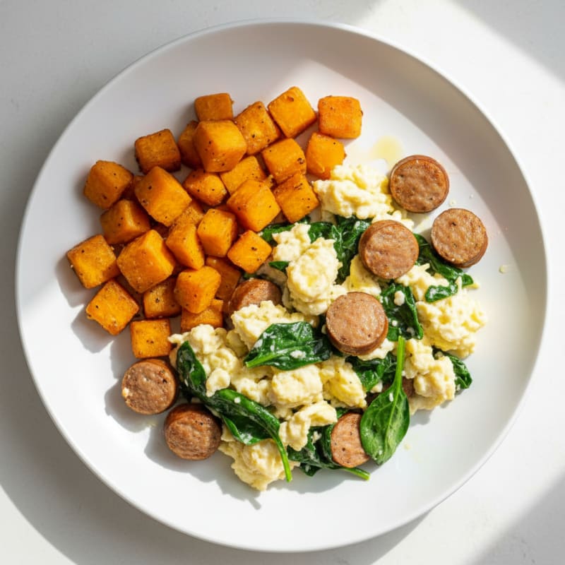 Egg White and Turkey Sausage Scramble with Spinach and Roasted Sweet Potato