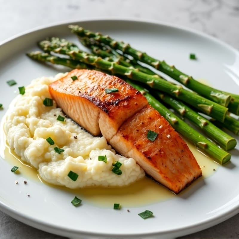 Seared Salmon with Roasted Asparagus and Cauliflower Mash