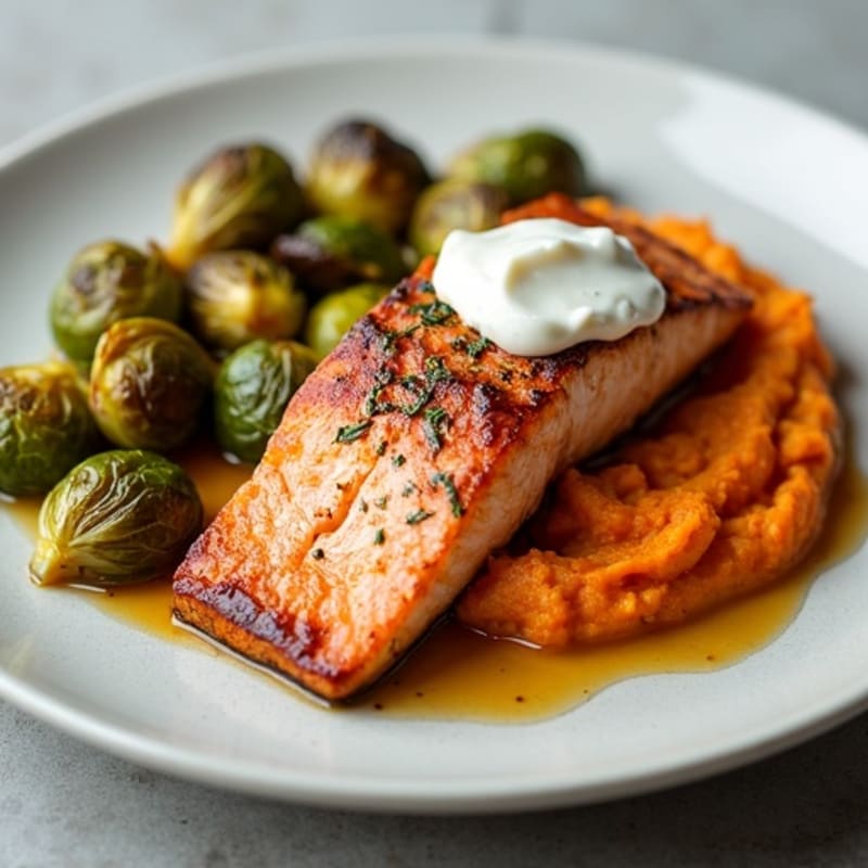 Seared Salmon with Roasted Brussels Sprouts and Sweet Potato Mash
