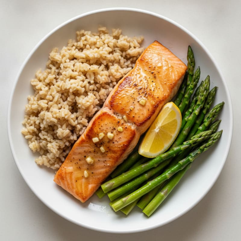 Seared Salmon with Steamed Asparagus and Brown Rice
