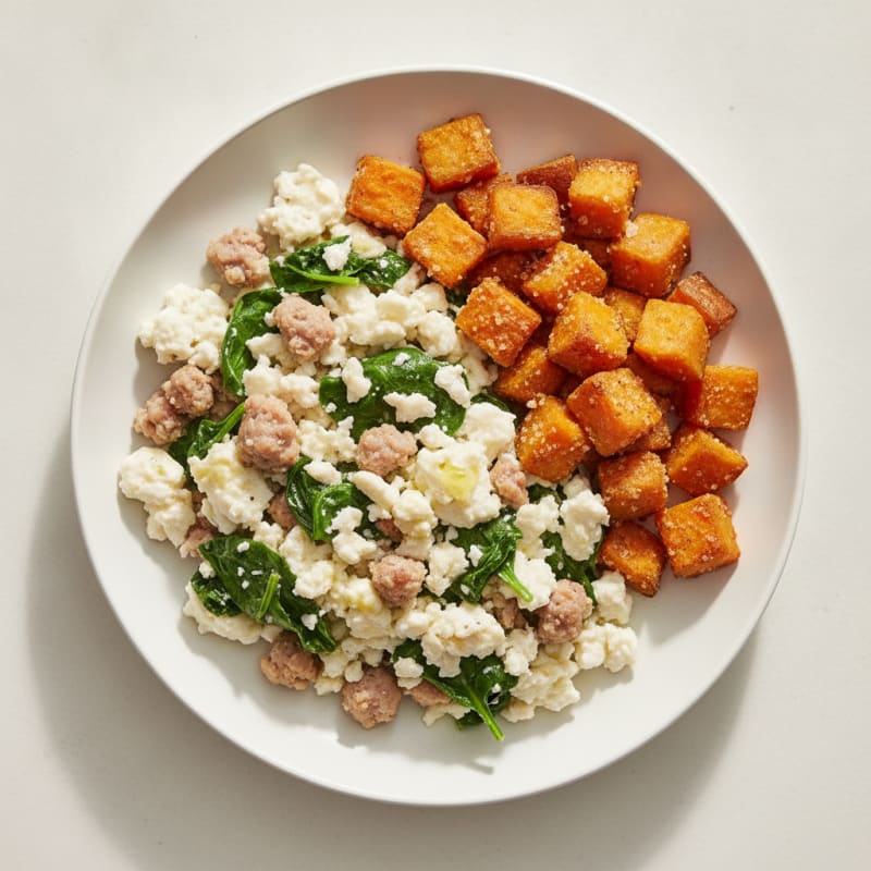 Egg White and Turkey Sausage Scramble with Spinach and Roasted Sweet Potato
