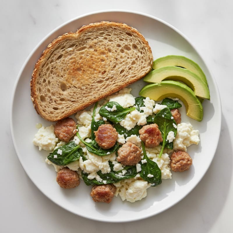Egg White Spinach Scramble with Turkey Sausage