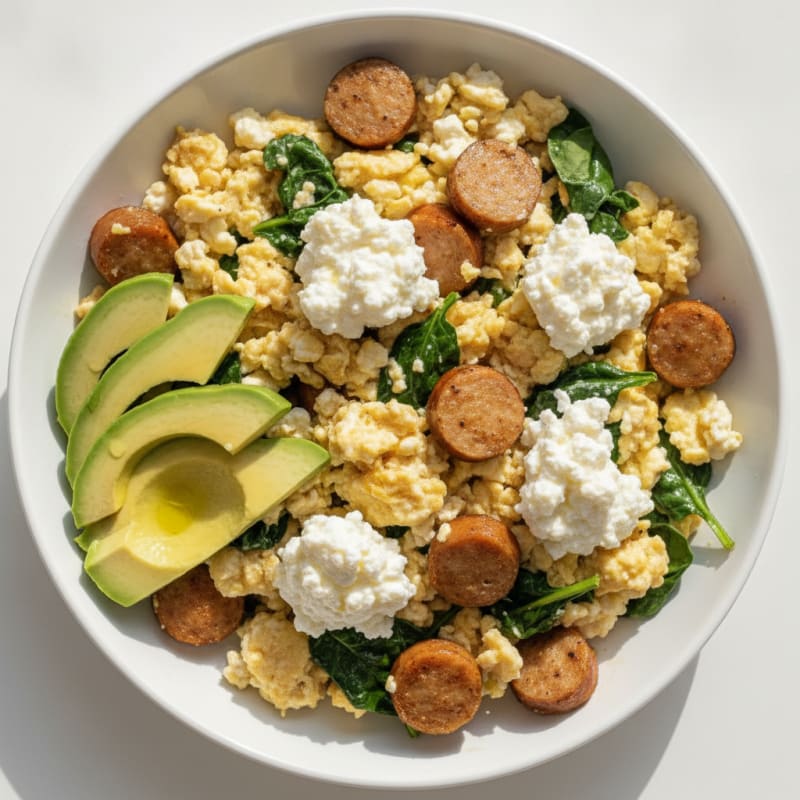 Egg White and Chicken Sausage Scramble with Cottage Cheese and Spinach