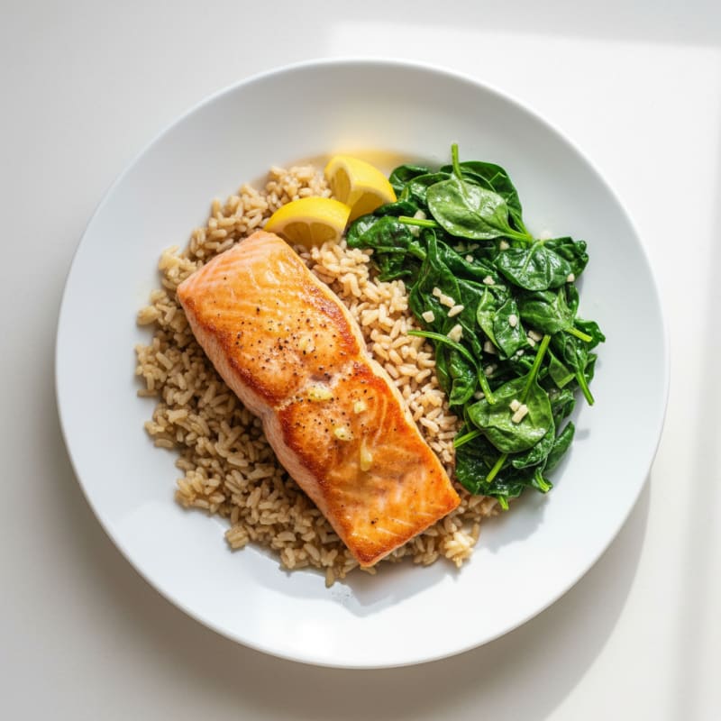 Seared Salmon with Garlic Spinach and Brown Rice