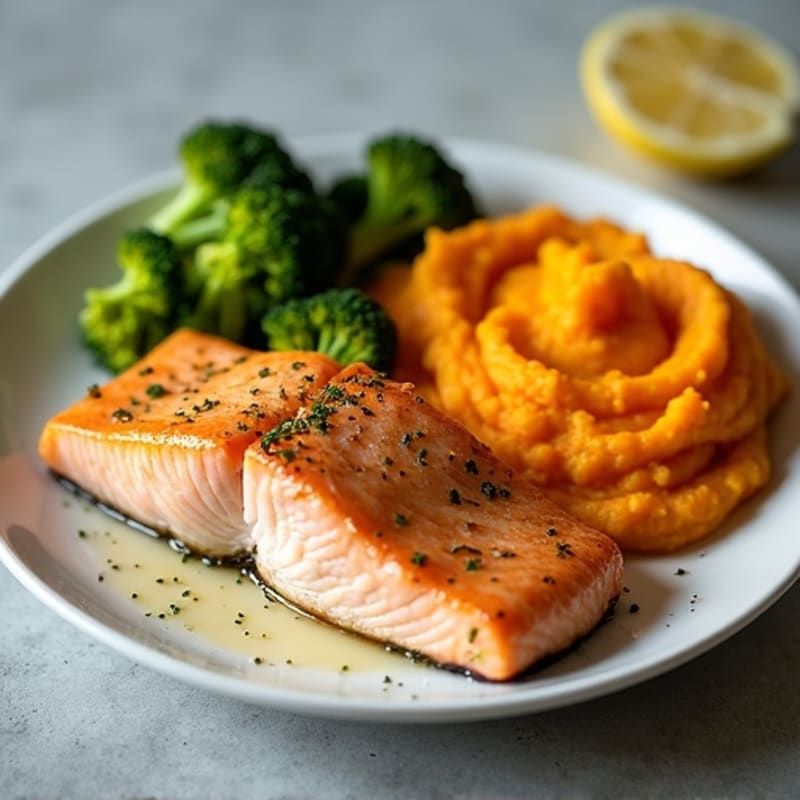 Broiled Salmon with Roasted Broccoli and Sweet Potato Mash