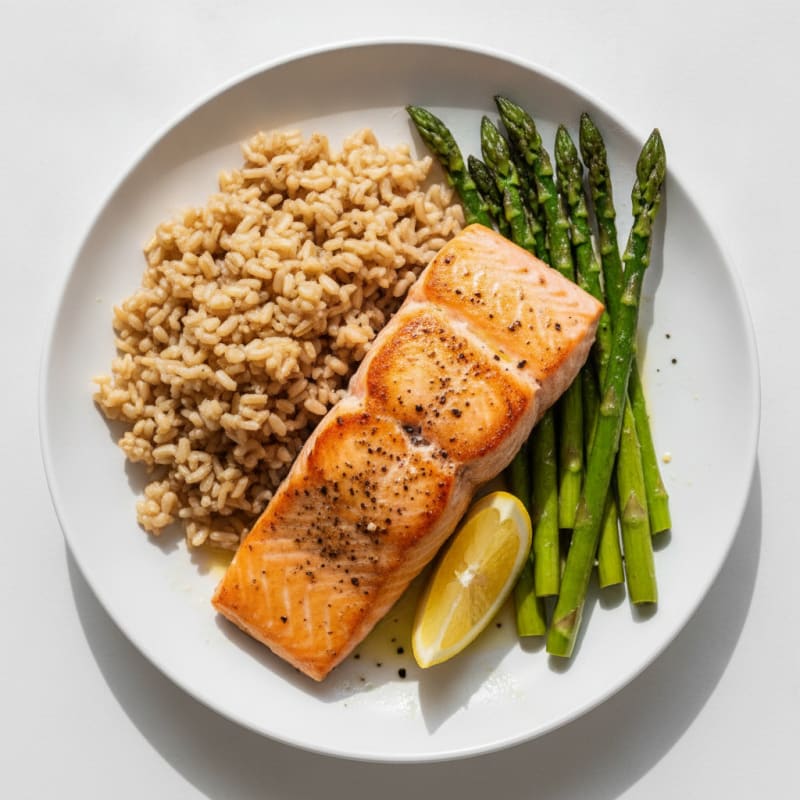 Seared Salmon Fillet with Roasted Asparagus and Brown Rice