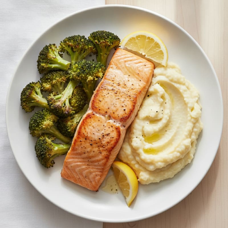 Seared Salmon with Roasted Broccoli and Garlic Mashed Cauliflower