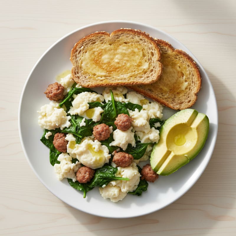 Egg White Spinach Scramble with Turkey Sausage