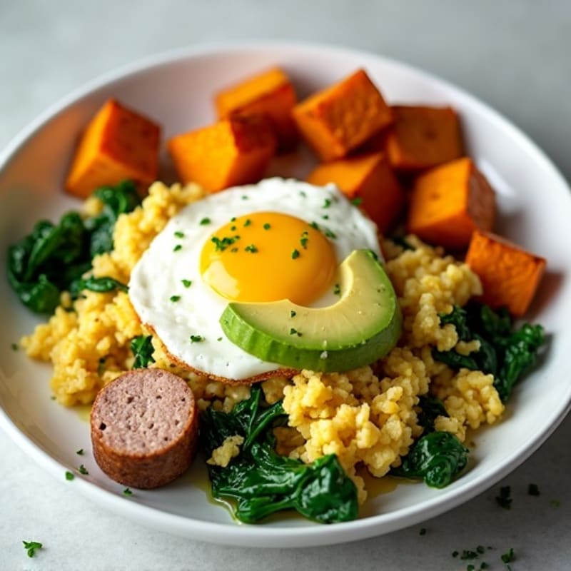 Egg White and Turkey Sausage Scramble with Spinach and Roasted Sweet Potato