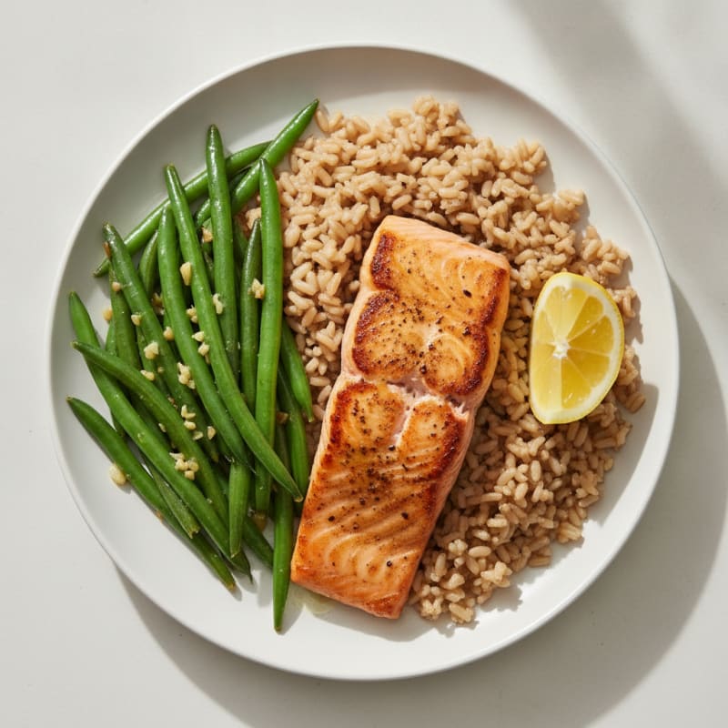 Seared Salmon with Garlic Green Beans and Brown Rice