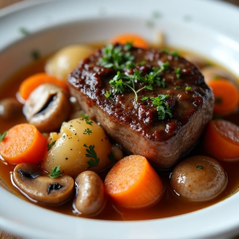 Tender Braised Beef with Root Vegetables and Mushrooms
