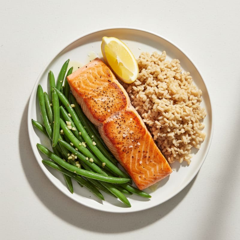 Seared Salmon with Garlic Green Beans and Brown Rice