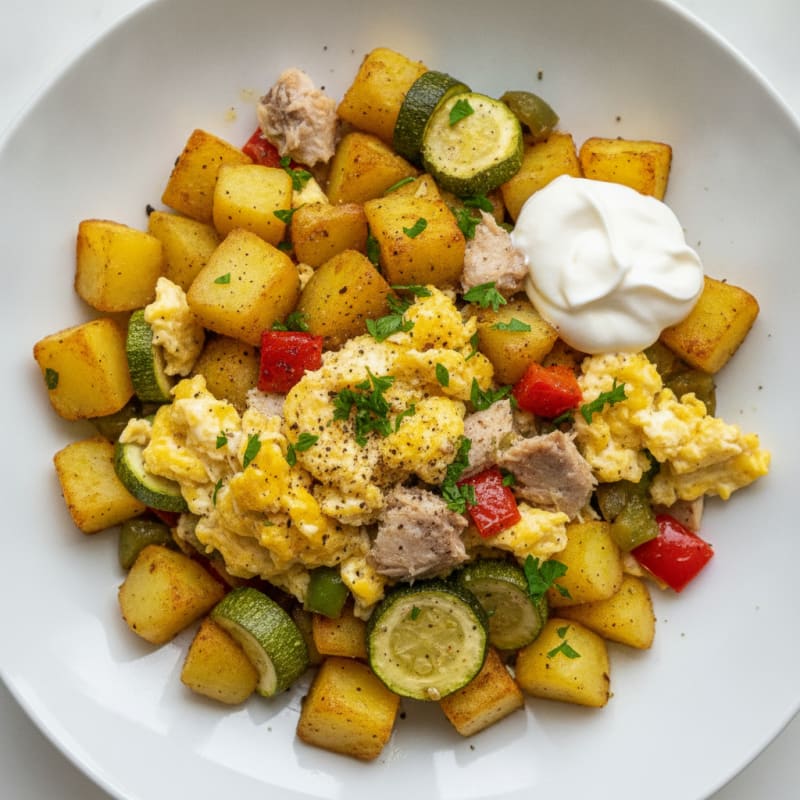 Miruna and Egg Scramble with Roasted Vegetables