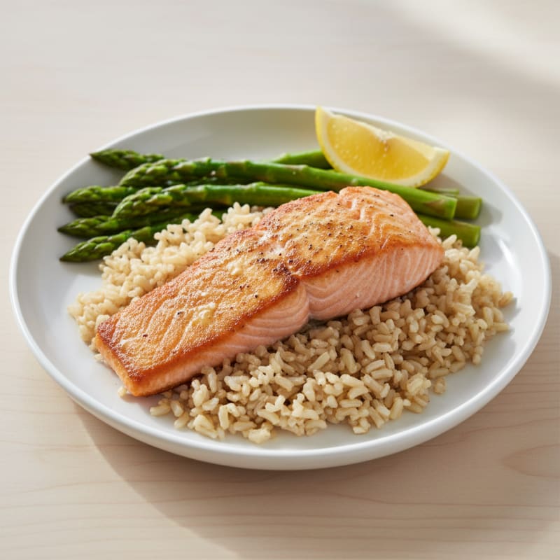 Seared Salmon with Steamed Asparagus and Brown Rice