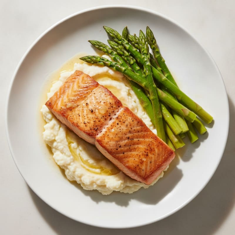 Seared Salmon with Steamed Asparagus and Garlic Mashed Cauliflower