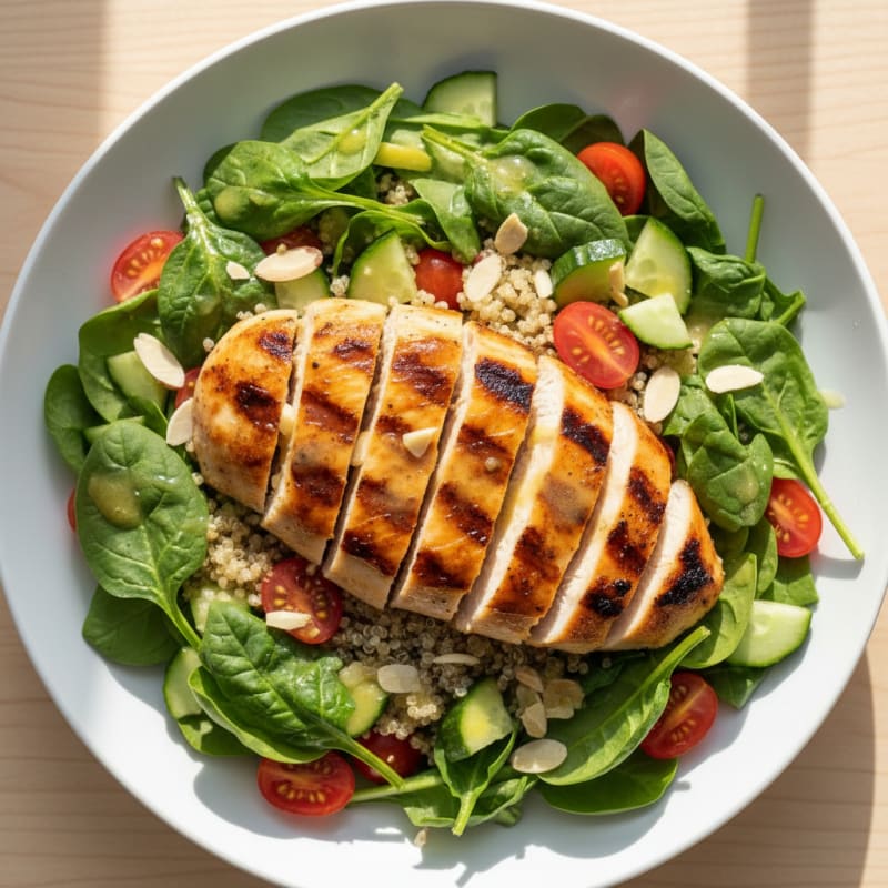 Grilled Chicken and Quinoa Bowl with Fresh Spinach and Lemon Vinaigrette