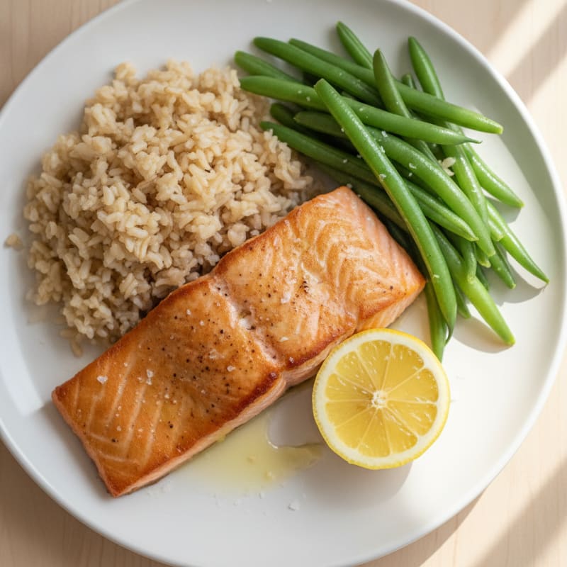 Seared Salmon with Steamed Green Beans and Brown Rice