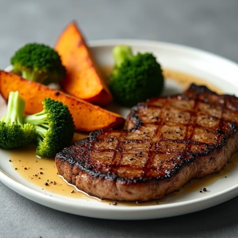 Pan-Seared Sirloin Steak with Crispy Roasted Broccoli and Sweet Potato Wedges