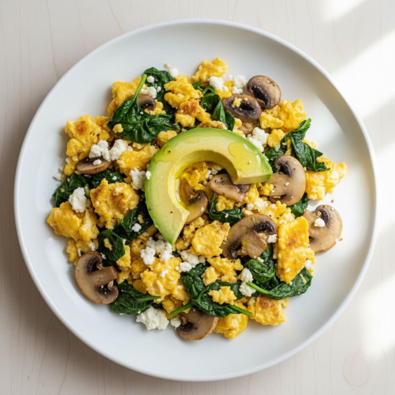 Cottage Cheese Scramble with Spinach and Sautéed Mushrooms