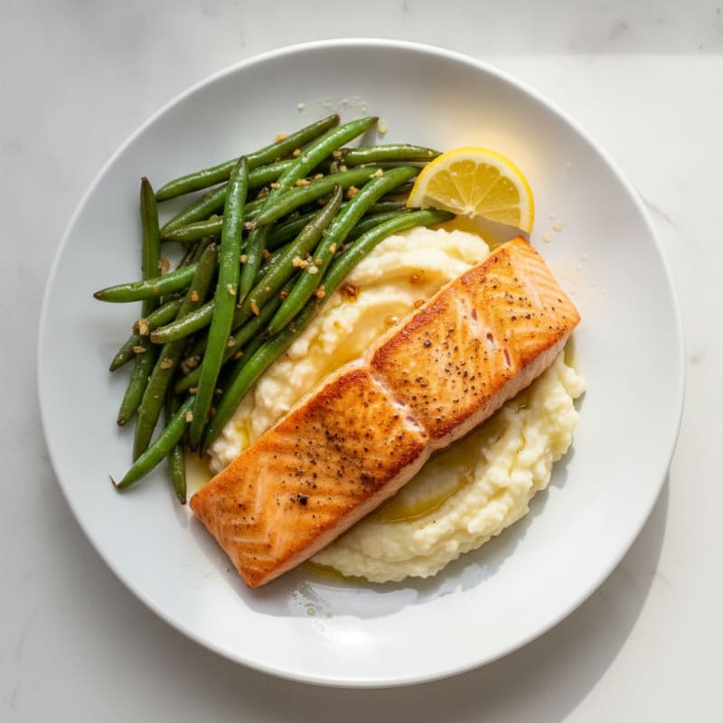 Seared Salmon with Garlic Green Beans and Cauliflower Mash