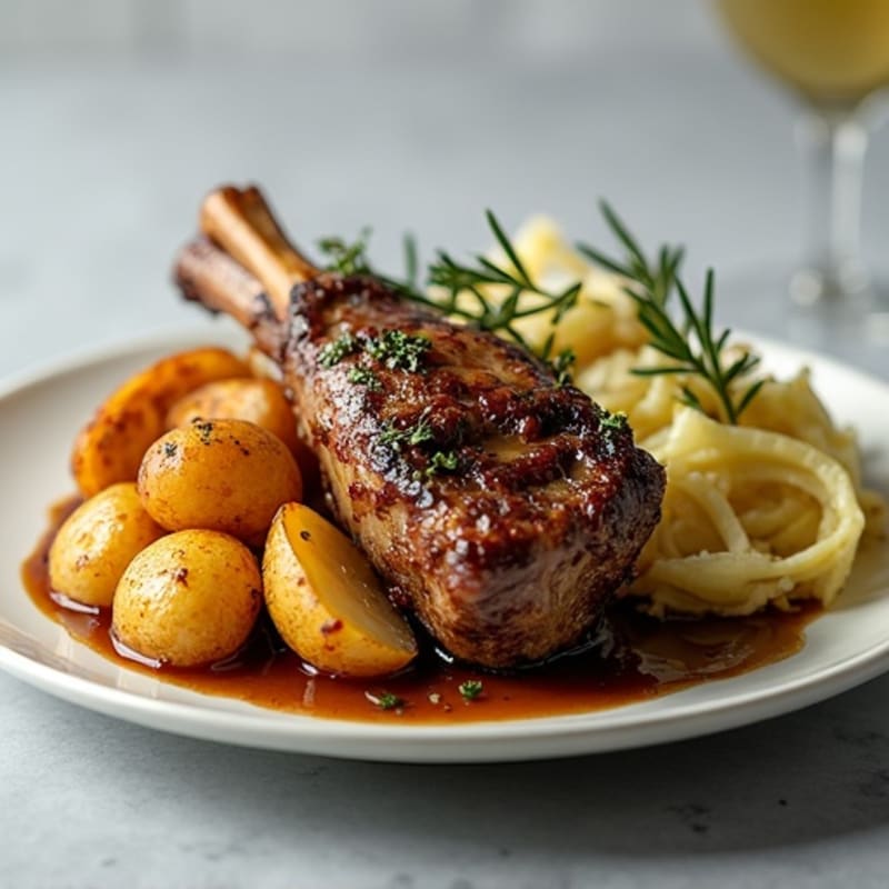 Herb-Roasted Lamb with Crispy Potatoes and Braised Cabbage