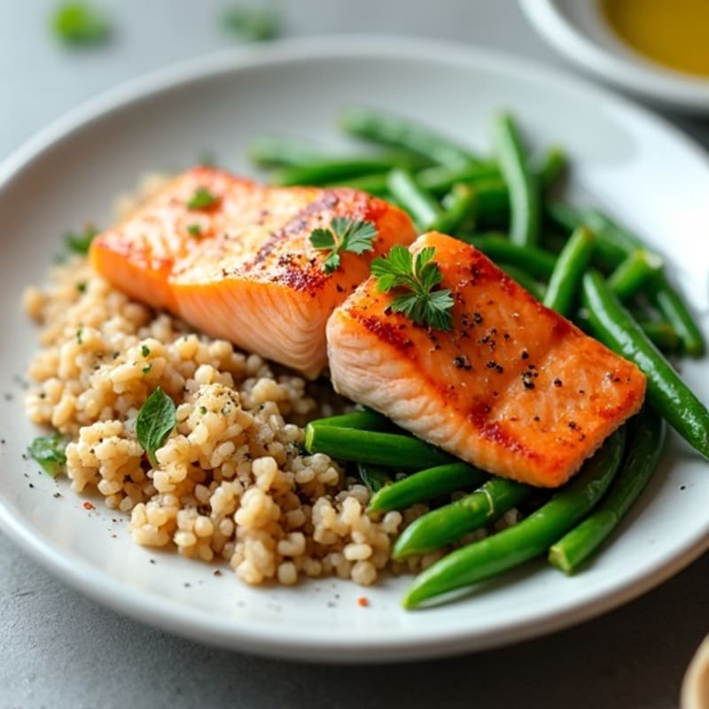Seared Salmon with Garlic Green Beans and Brown Rice