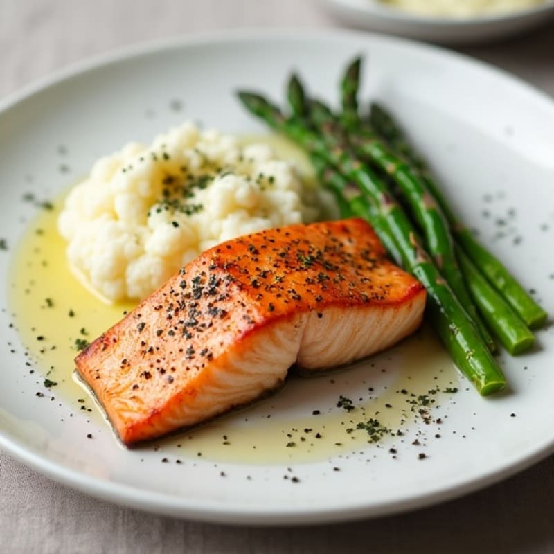 Seared Salmon with Steamed Asparagus and Cauliflower Mash