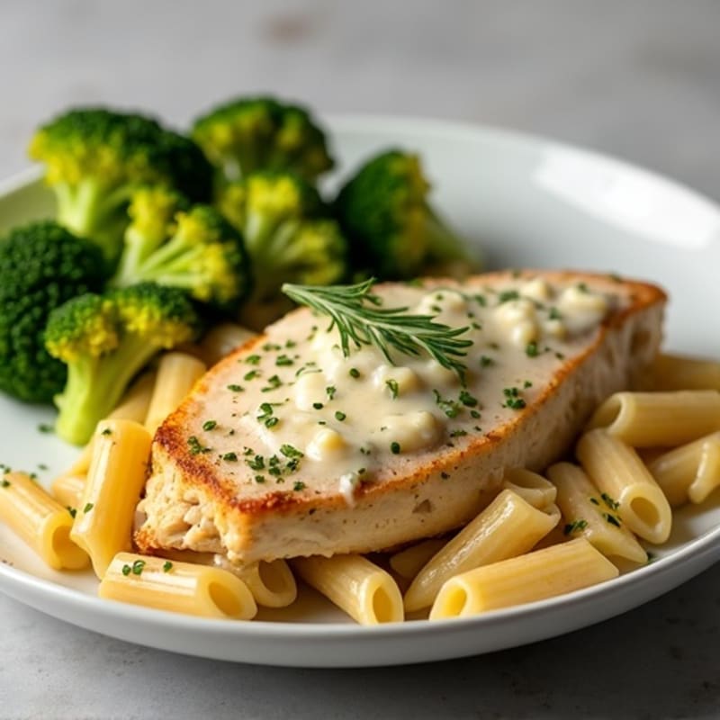 Creamy Garlic Chicken Pasta with Roasted Broccoli
