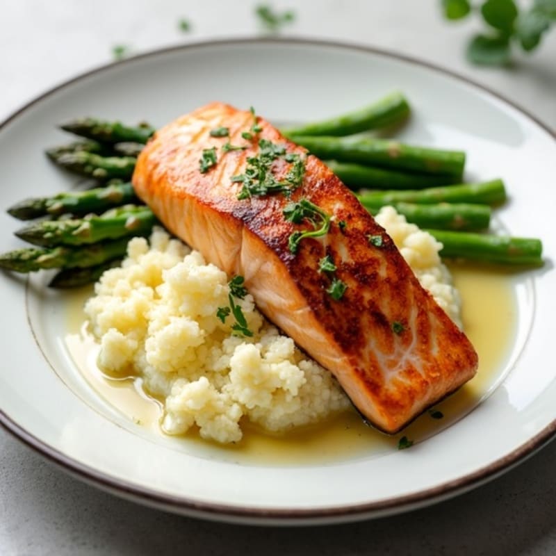 Seared Salmon with Steamed Asparagus and Cauliflower Mash