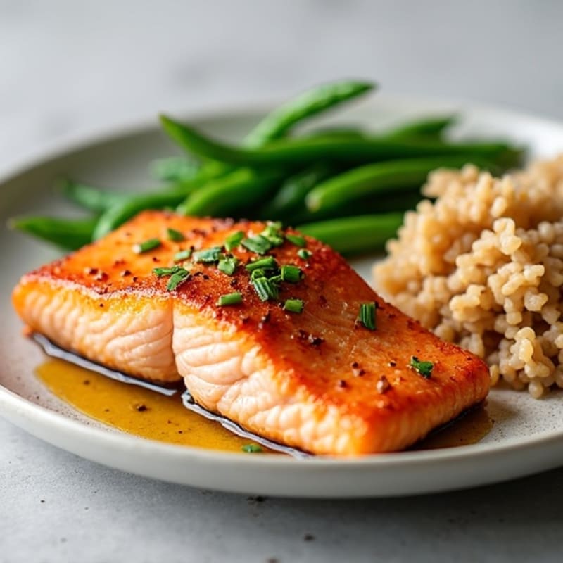 Seared Salmon with Garlic Green Beans and Brown Rice