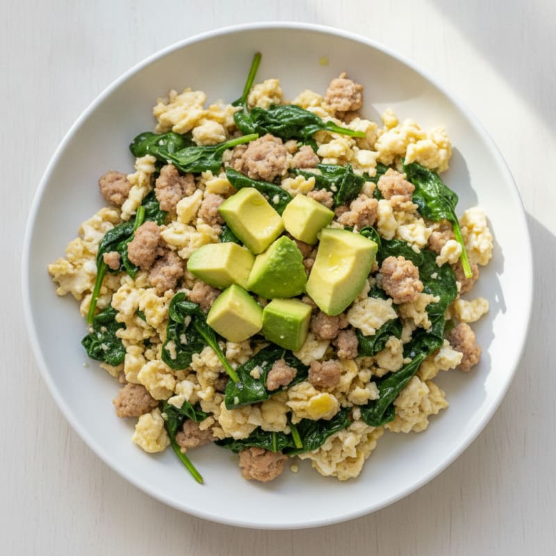 Egg White and Turkey Sausage Scramble with Sautéed Spinach