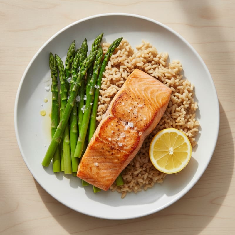 Seared Salmon with Steamed Asparagus and Brown Rice