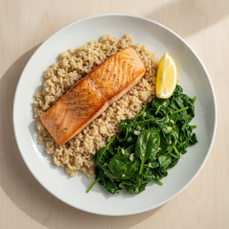 Seared Salmon Fillet with Brown Rice and Sautéed Spinach