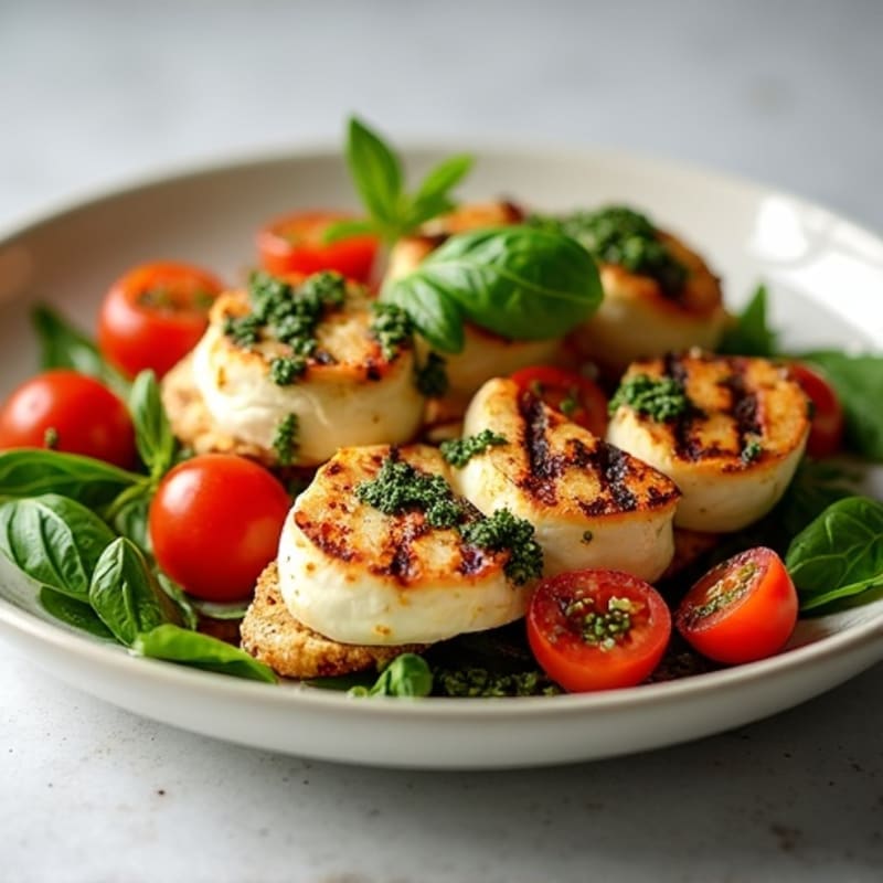 Grilled Chicken with Creamy Mozzarella, Fresh Tomatoes, and Basil Pesto