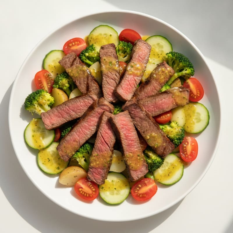 Grilled Beef and Tomato Salad with Cucumber and Broccoli