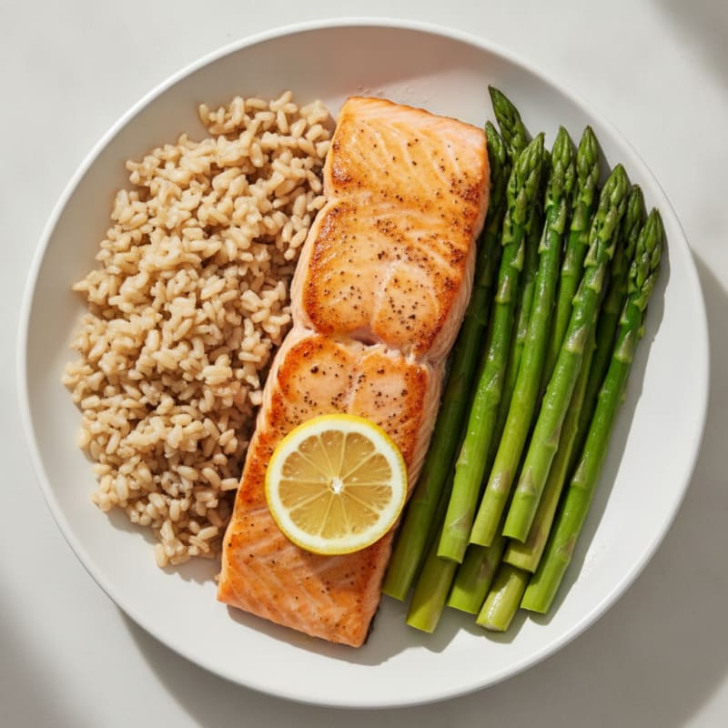 Seared Salmon with Steamed Asparagus and Brown Rice