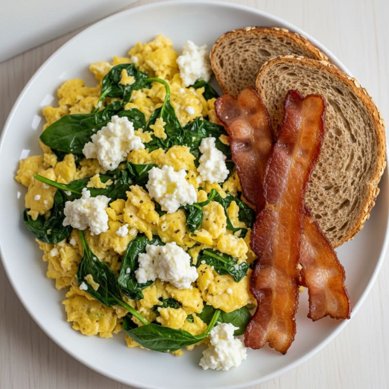 Cottage Cheese Scramble with Spinach and Turkey Bacon