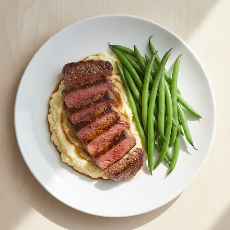 Seared Lean Beef Strips with Steamed Green Beans and Cauliflower Mash