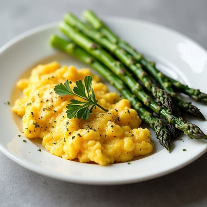 Fluffy Egg Scramble with Fresh Herbs and Roasted Asparagus