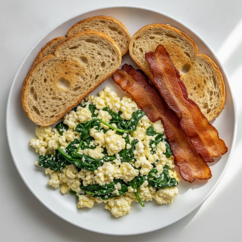 Fluffy Cottage Cheese Egg Scramble with Spinach and Turkey Bacon