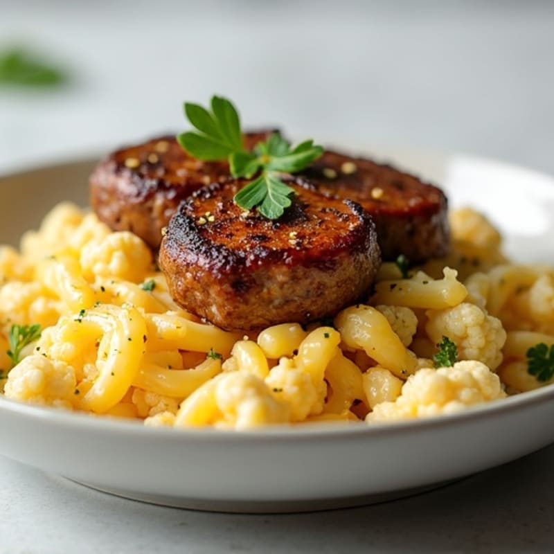 Pan-Seared Steak Bites with Creamy Cheesy Cauliflower Pasta