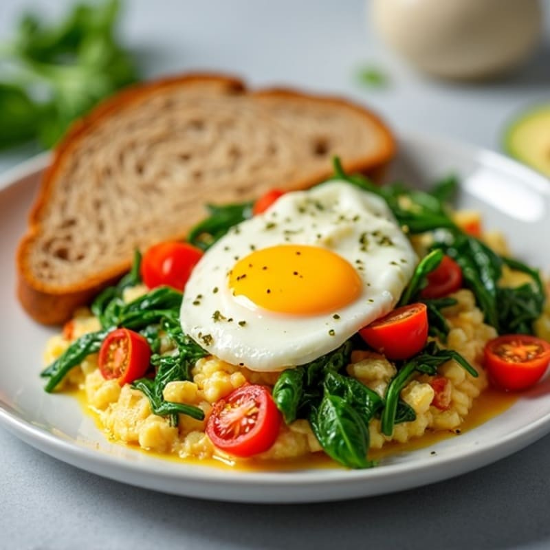 Egg White Vegetable Scramble with Cottage Cheese and Fresh Spinach