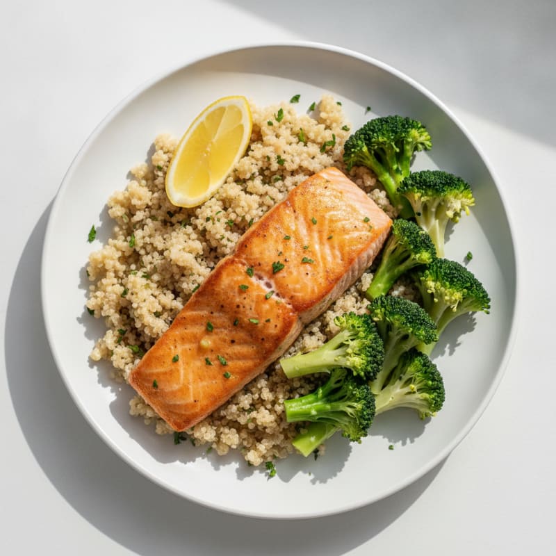 Seared Salmon Fillet with Steamed Broccoli and Quinoa