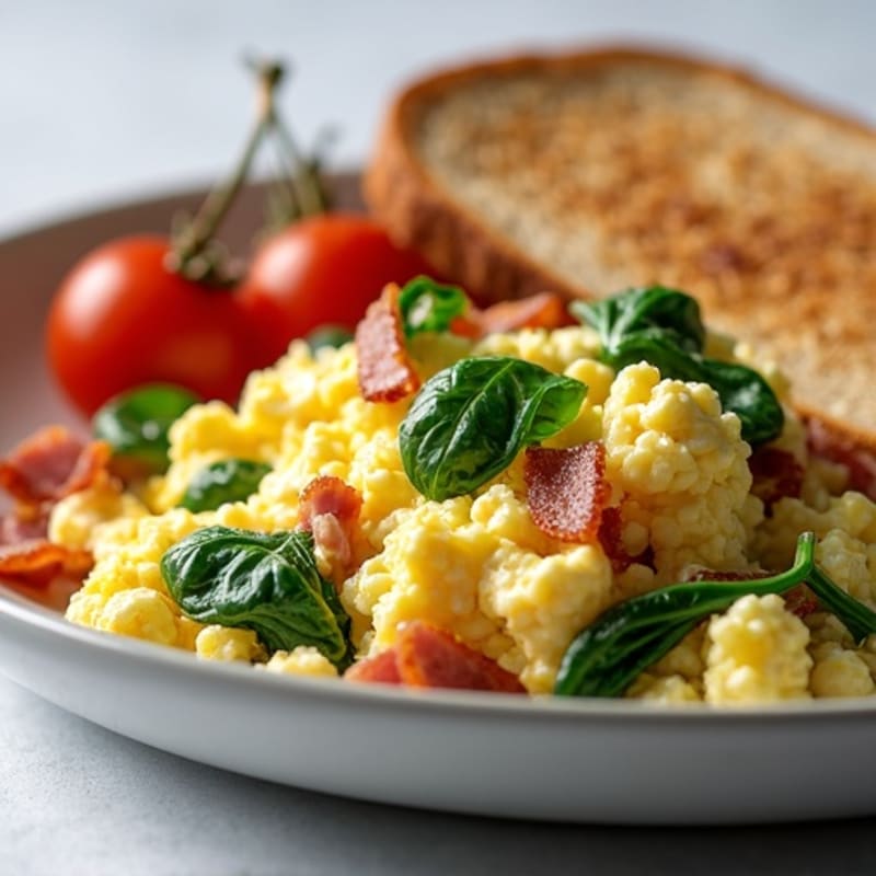 Egg White Spinach Scramble with Cottage Cheese, Turkey Bacon & Toast