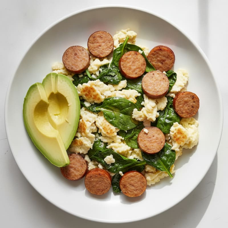 Scrambled Egg Whites with Turkey Sausage and Sautéed Spinach