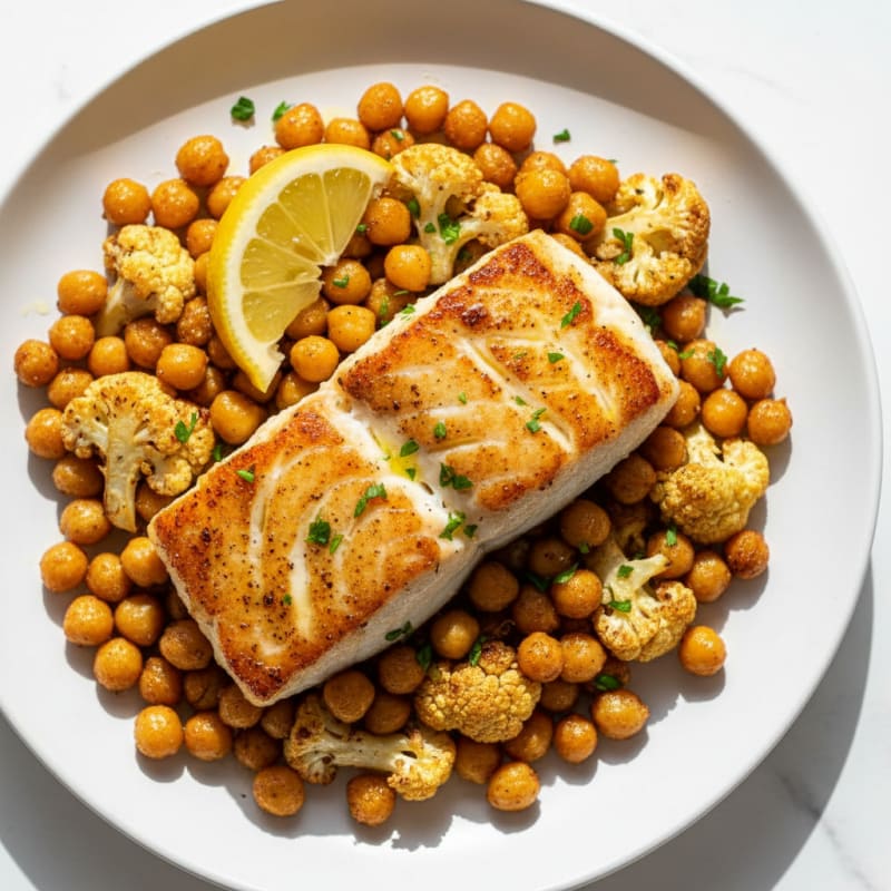 Seared Cod Fillet with Roasted Cauliflower and Chickpeas