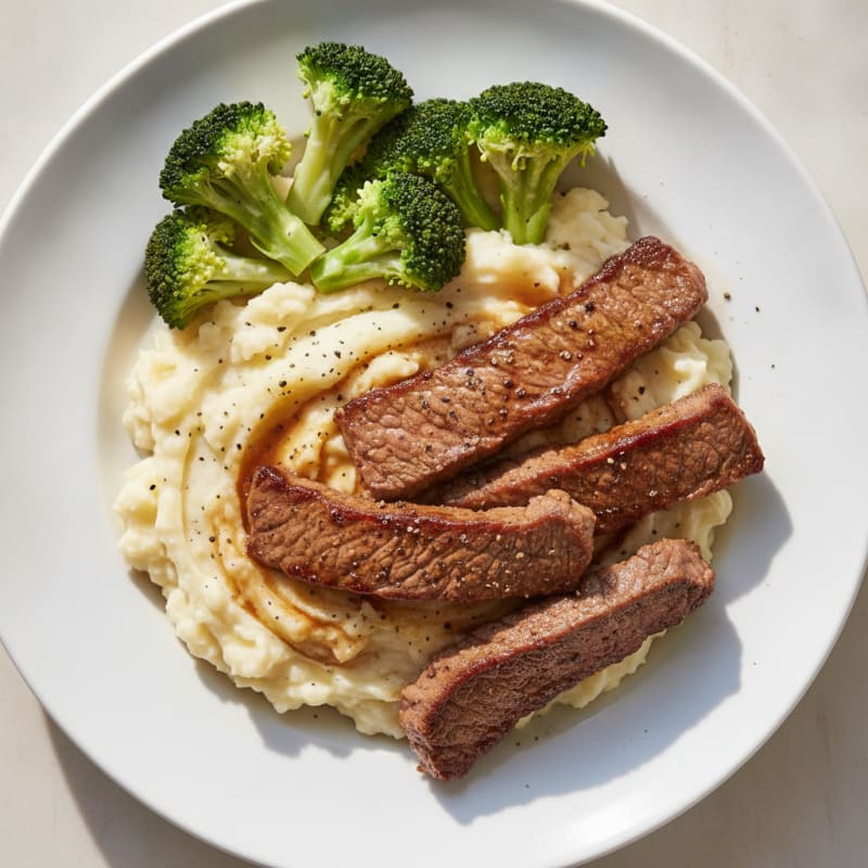 Seared Beef Strips with Garlic Mashed Potatoes and Steamed Broccoli